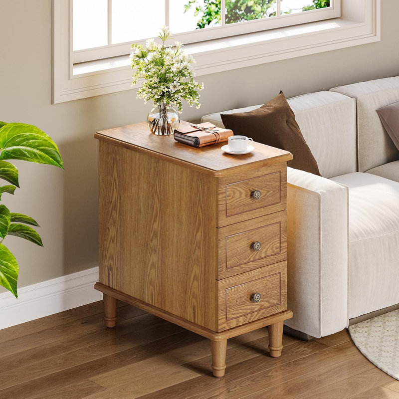 Table de chevet étroite en bois massif naturel entièrement assemblé à 3 tiroirs - Table de chevet minimaliste moderne avec boutons ronds - pour chambre à coucher, appartement ou petits espaces