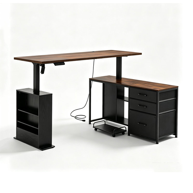 Bureau debout électrique en L de 63 po Aderyn, bureau à hauteur réglable avec prises de courant et 3 tiroirs de rangement