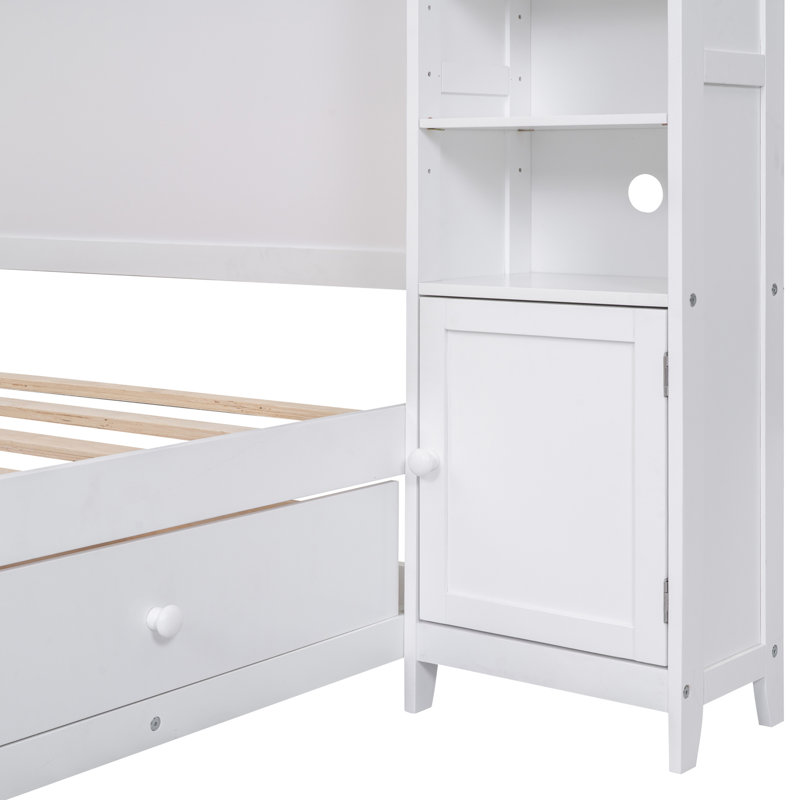 Lit double en bois avec armoire intégrée, une tablette et un rangement - Blanc espace, Blanc