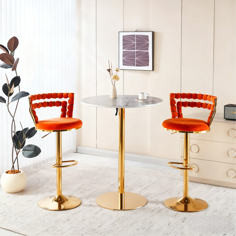Ensemble de table de bar Modern Gold moderne avec 2 tabourets de bar réglables, table de pub ronde à motif de marbre pour le bar et la cuisine