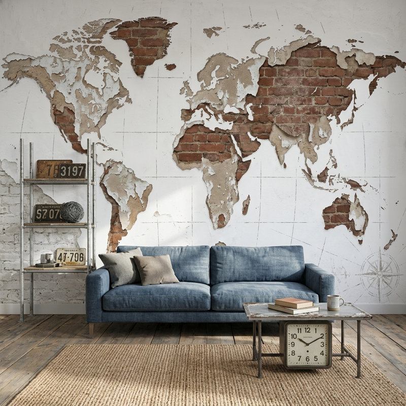 Papier peint brique carte du monde amovible, Non tissé, 200 po x 120 po