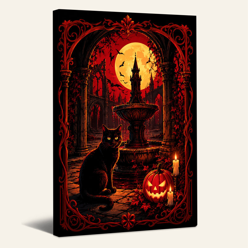 Art de toile d'Halloween chat noir avec citrouille sculptée et château gothique, H 30 po x l 20 po