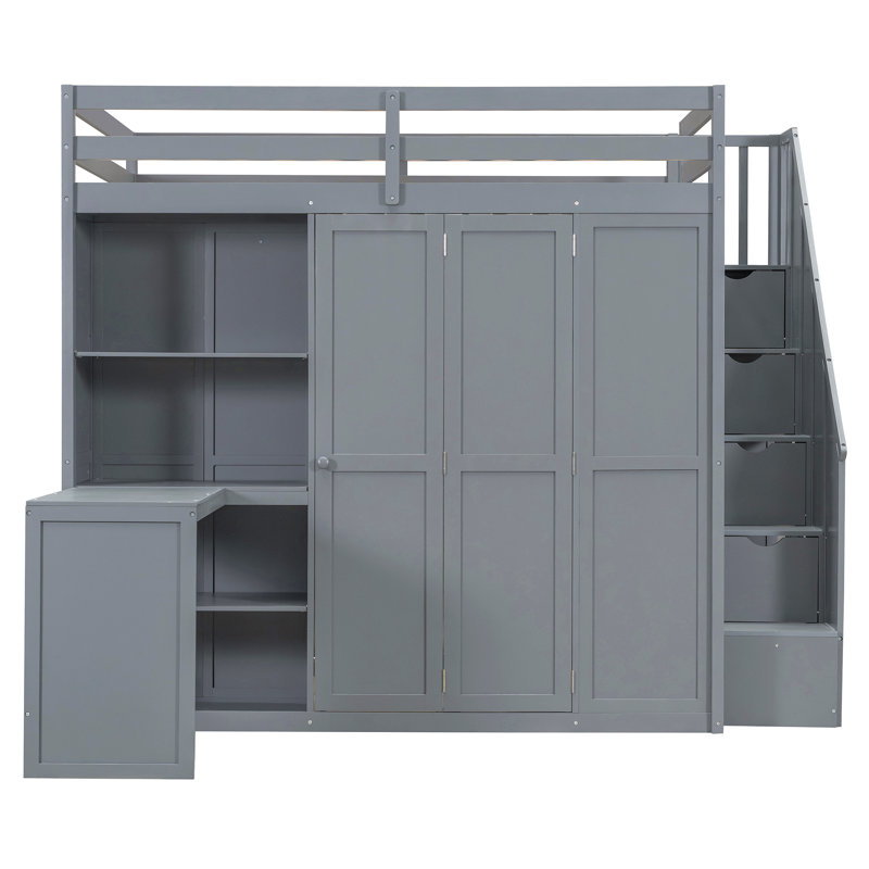 Lit mezzanine double avec garde-robe, bureau et tablettes, Gris