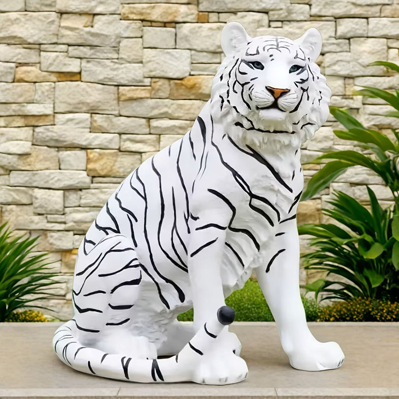 A 20-Inch Tall White Tiger Sculpture Made Of Resin, Designed For Outdoor Decoration In Courtyards, Gardens, And Parks, Representing Peace And Strength