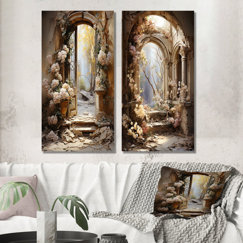 Ancient Ruins Blooms II - Fantasy Metal Wall Art Living Room Set Of 2, 32" H x 32" W