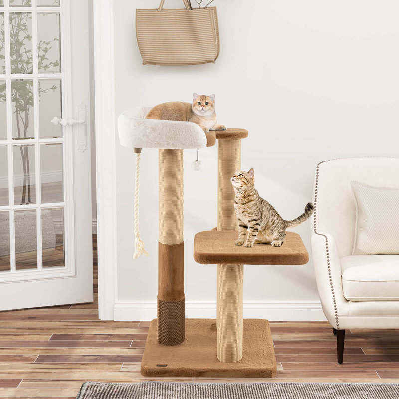 44" Caramel and White Sisal Cat Tree with Faux Fur Perch