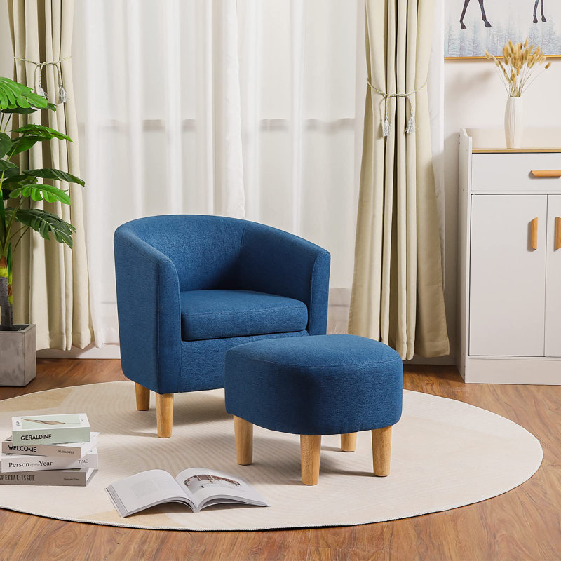 Upholstered 27" Wide Barrel Chair with Ottoman, Blue Linen Blend