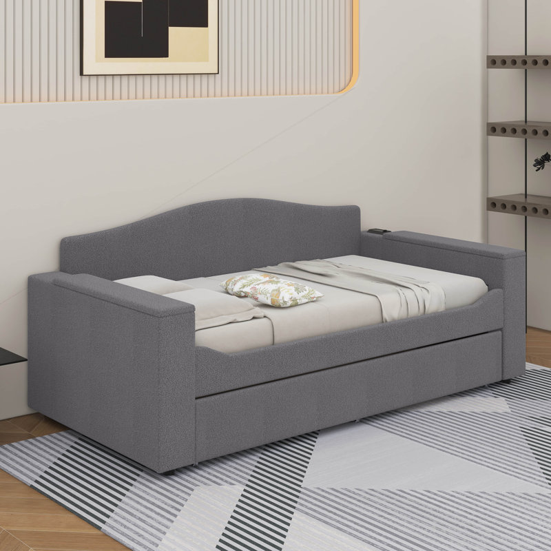 Lit de jour simple rembourré avec couchette et dernier système audio Bluetooth intégré, Gris, Lit simple