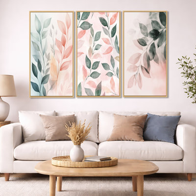 Blush Leaf Accent – Sage Leaves Framed Wall Art Set of 3