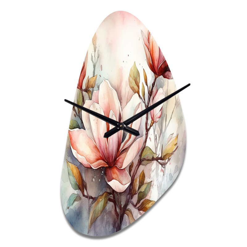 Red Magnolia Symphony - forme unique, horloge murale en métal, impression d'horloge asymétrique, Moyenne