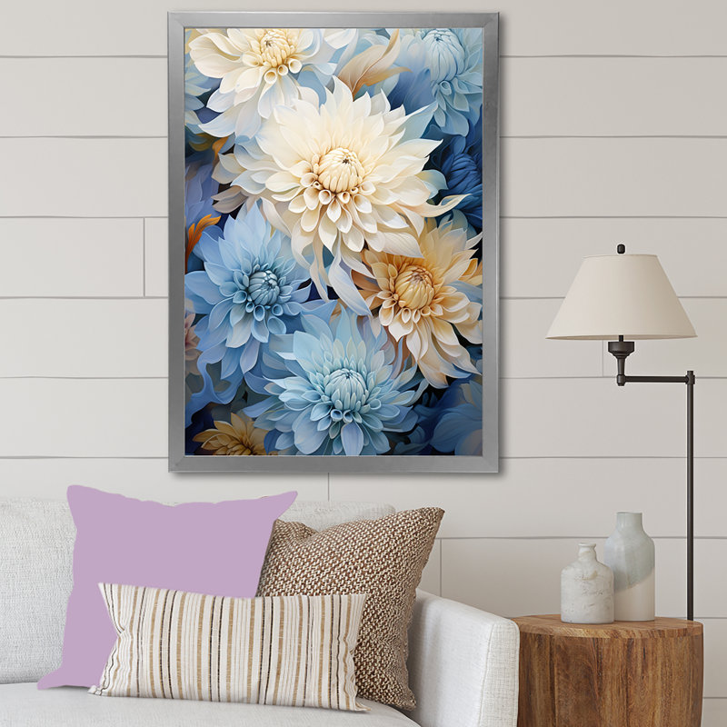 Blooming Mums, peinture en beige et bleu sur toile, Cadre simple argenté, H 32 po x l 24 po x P 1 po