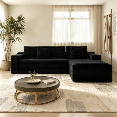 Canapé d'angle modulaire en velours côtelé noir 2 pièces, 104,3 po x 68,9 po, combinaison libre, aucun assemblage requis