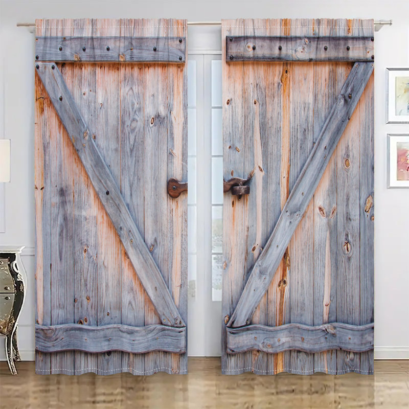 Pcs Rustic Barn Door Design Curtains Rod Pocket Farmhouse Style Window Treatment Panels Country Vintage Wooden Pattern Drapes for Living Room Bedroom Kitchen Dining Home Decor