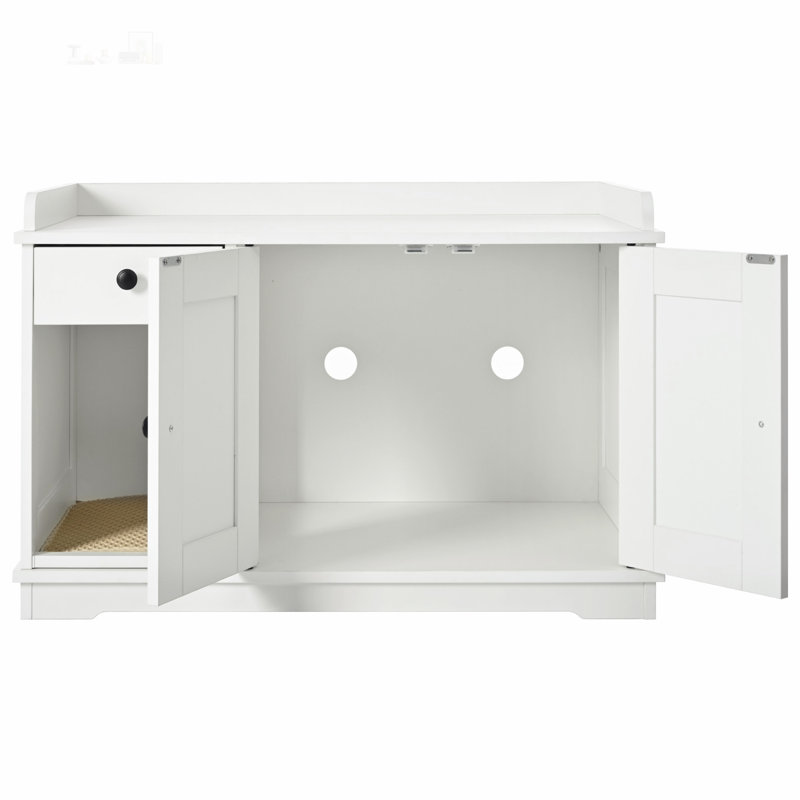 Enceinte de litière pour chat, litière cachée avec tapis, tiroir de rangement et table d'appoint, style maison de campagne, blanc