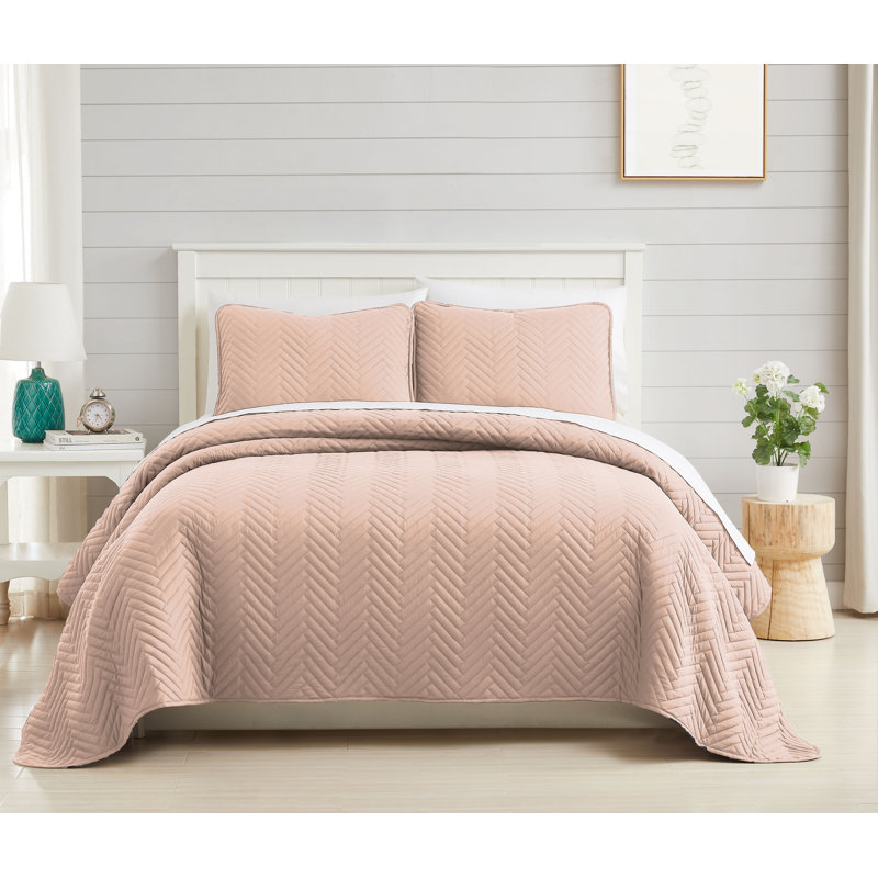 Chevron Quilted Oversized lightweight Prewash Microfiber Quilt Set, Twin Quilt + 1 Standard Sham, Rose Dust