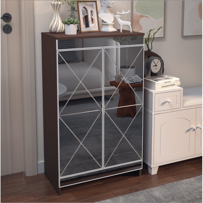 Elegant Decor Mirrored Cabinet With Silver Edging,Mirrored Cabinet With Double Door Storage,Shoe Storage Cabinet For Entryway,Glass