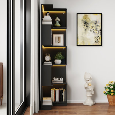 Corner Book Shelf - 5 Tier Corner Bookshelf  Bookcase With Baffle, Freestanding L Shaped Display Shelf Stand With Led Lights For Home Office, Living Room, Bedroom, Kitchen