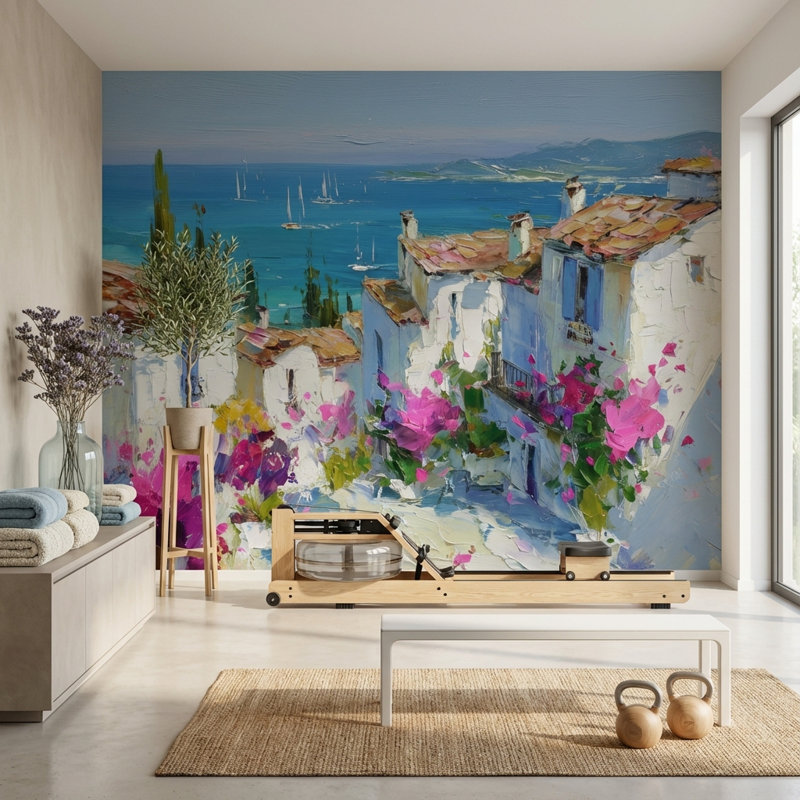 Papier peint méditerranéen bord de mer, 100"x96", Peel and Stick