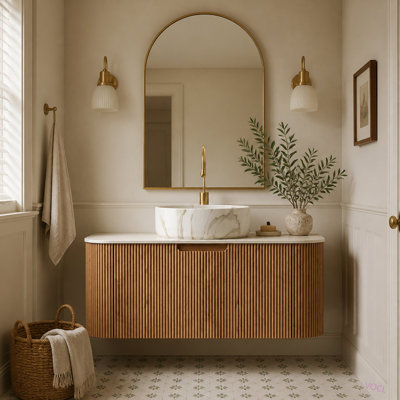 DINA 36" Bathroom Vanity & Sink, Floating Curved Edges Striped Cabinet With Drawer, Round Ceramic Basin With Stone Pattern & Travertine-Pattern Sintered Stone Top, Pre-Assembled