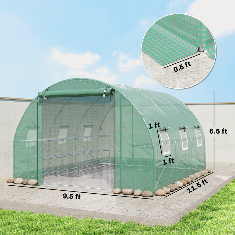 10'x11'x6' Walk-in Tunnel Greenhouse with Shelves, Mesh Door and Windows, Hoop House Greenhouse with PE Cover, Outdoor Green House for Patio Lawn Garden, Green