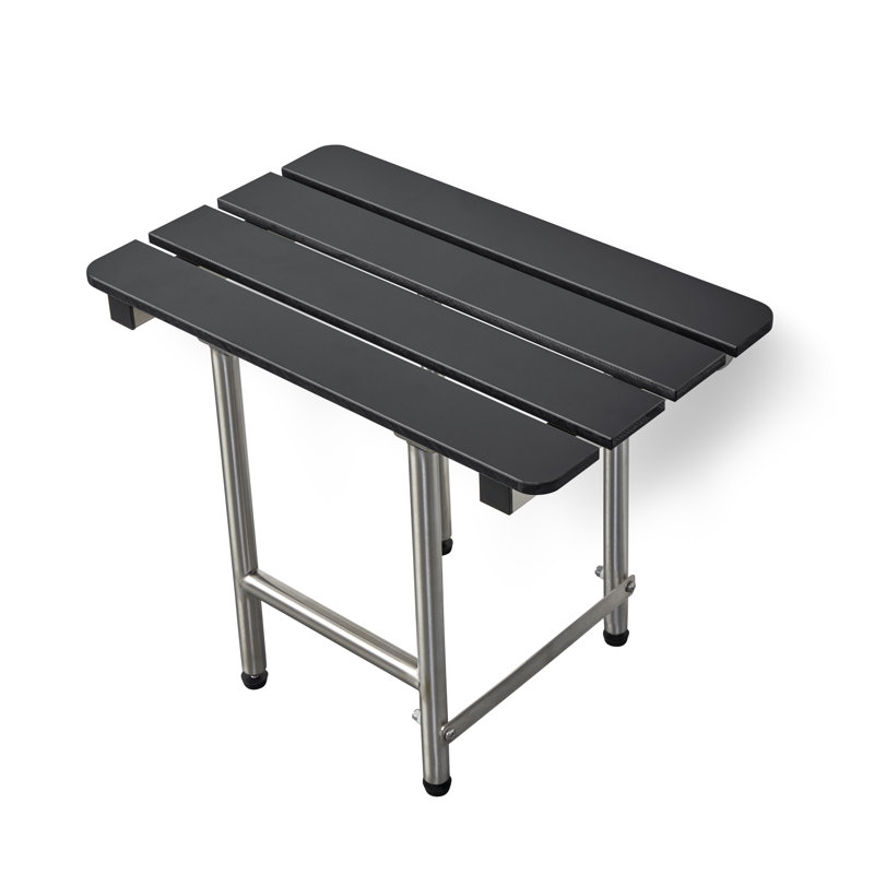 32-inch x 15-inch ADA Bariatric Folding Wall Mount Bathroom Shower Seat Bench with Legs, Black Slatted Phenolic Seat