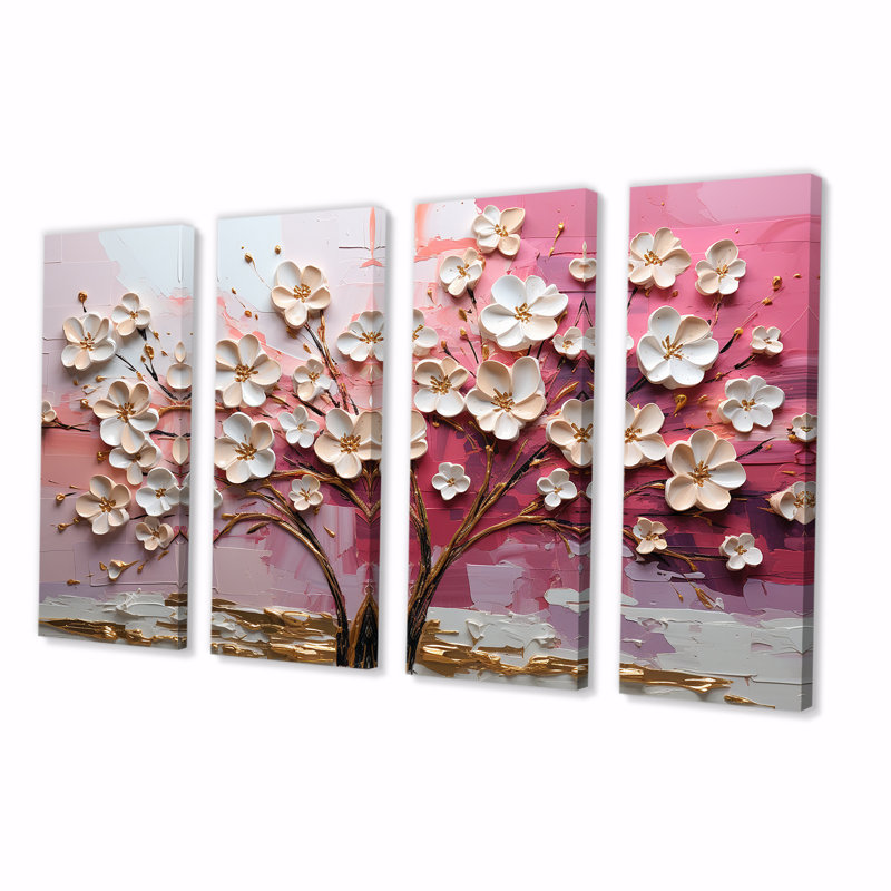 Orchidée rose et or jardin de branches II - arbre, 4 pièces, décoration murale, H 28 po x l 48 po