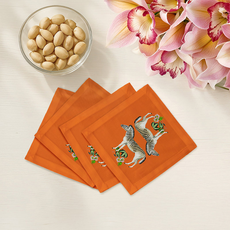 Zebra Seeing Double Cotton Sateen Cocktail Napkins, Orange