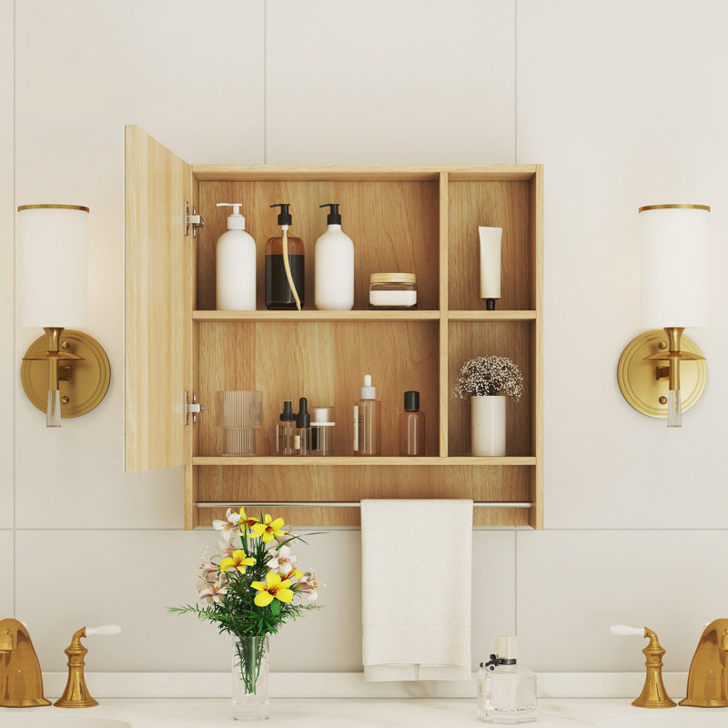 Bathroom Mirror Cabinet Wall Mounted,Medicine Cabinet,Over The Toilet Storage Cabinet With Shelves And Towel Rack, Wood