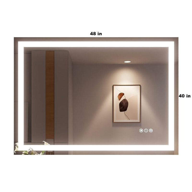 Devonnte Rectangle LED Wall Mirror, Dimmable Vanity Lighted Mirror, 48" x 40”