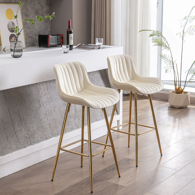 Tabouret de bar en velours avec repose-pieds chromé, ensemble de 2, Blanc, Tabouret de bar (siège d'une hauteur de 29,92 po)