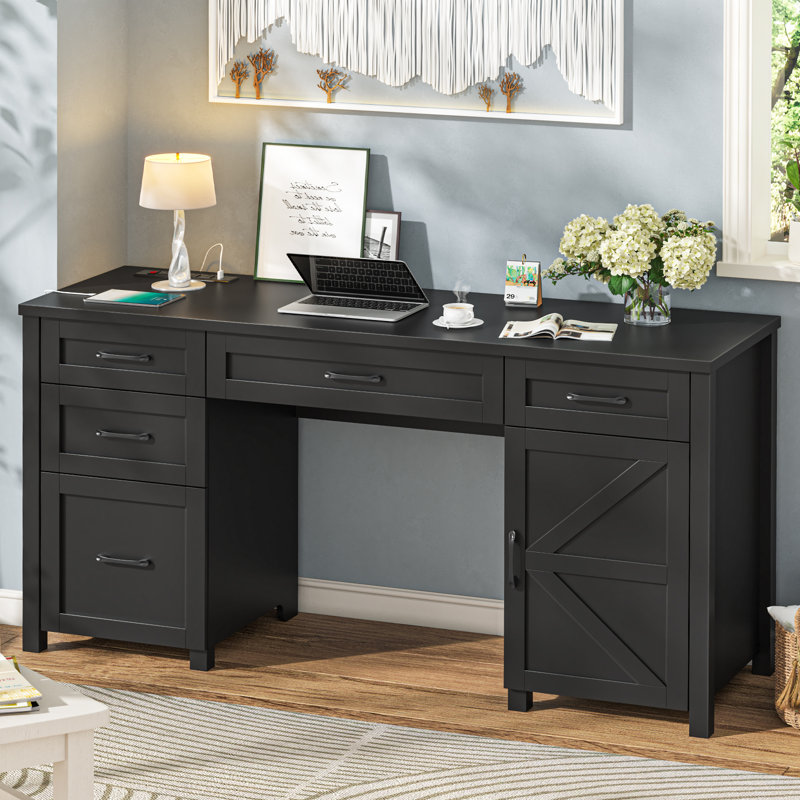 Farmhouse 61'' Executive Desk With 5 Drawers & Charging Station, Black, Black