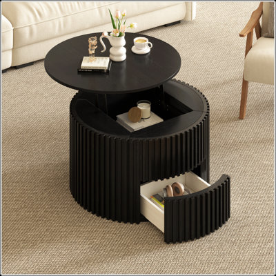 Round Lift Top Coffee Table with Hidden Storage, Modern Fluted Wood Design for Enhanced Living Room Functionality