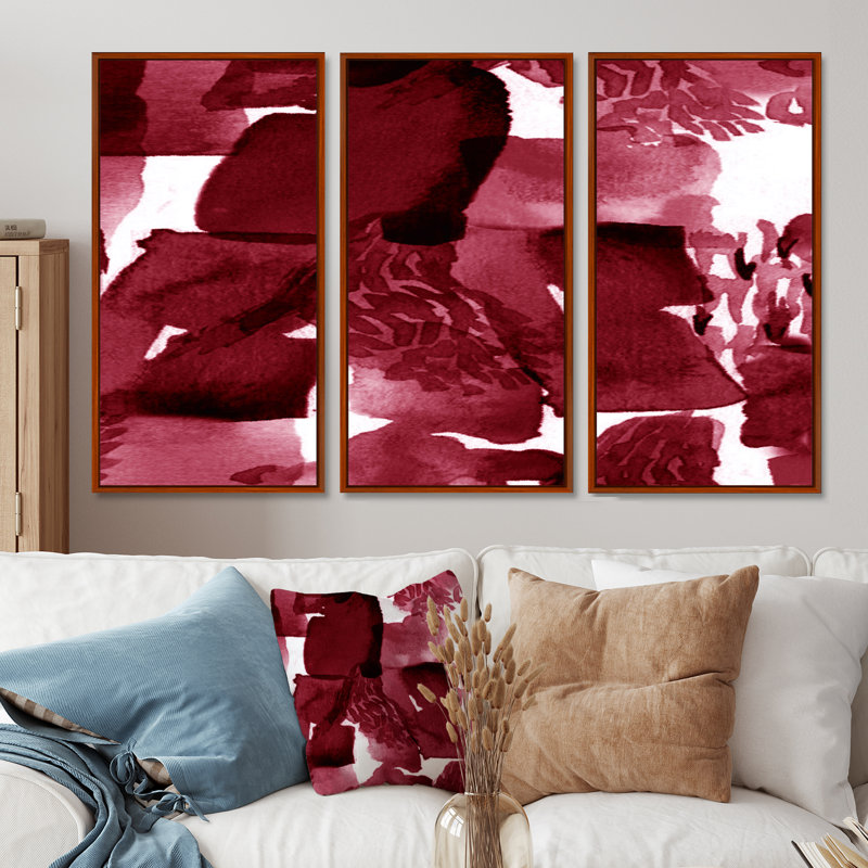 Abstrait bourgogne abstrait sur fond blanc - ensemble d'art moderne sur toile encadrée moderne de 3, H 28 po x l 36 po, Brun