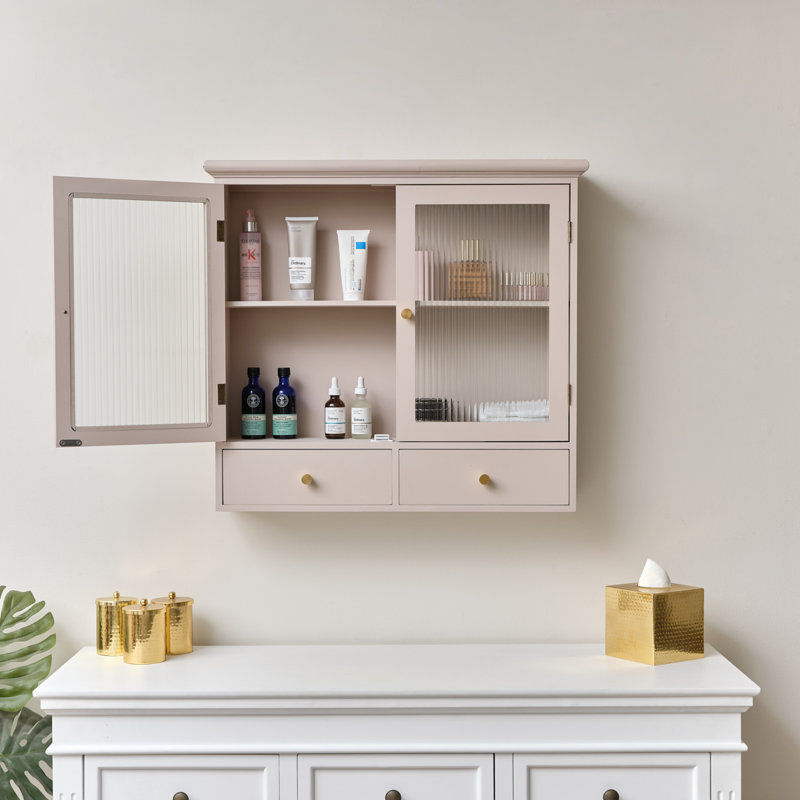 Pale Reeded Glass Wall Cabinet With Drawers, Pink
