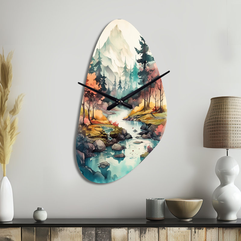 Colored Mountains And River III - Orange Irregular Shape Metal Wall Clock, Traditional Asymmetrical Wall Clock Print, Medium