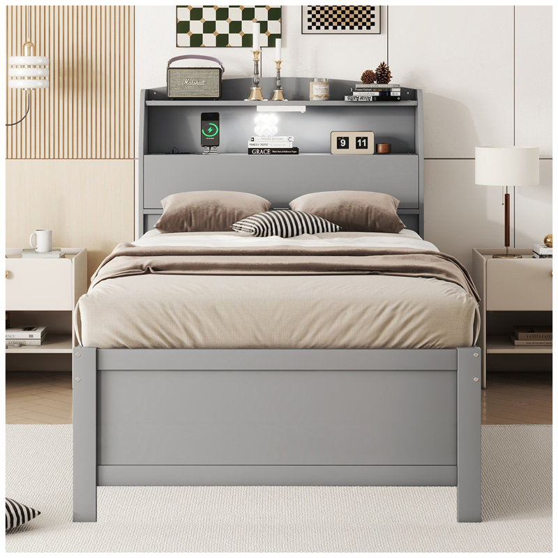 Lit plateforme moderne en bois avec lit gigogne et tête de lit à DEL avec tiroirs, gris, Simple
