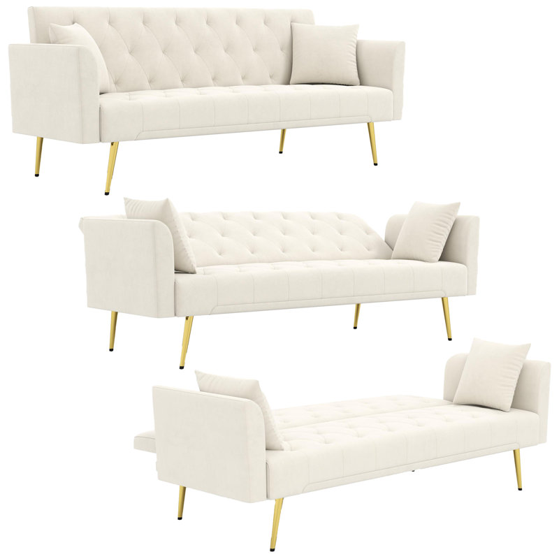 Canapé-lit en velours convertible avec 2 coussins, Beige