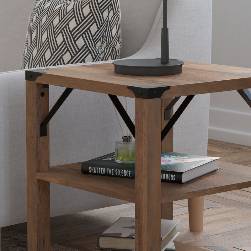 3-Tier Side Table With Metal Side Braces And Corner Caps, Rustic Oak