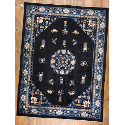Vintage Peking Chinese Floral, Medallion Blue 1960s Rug