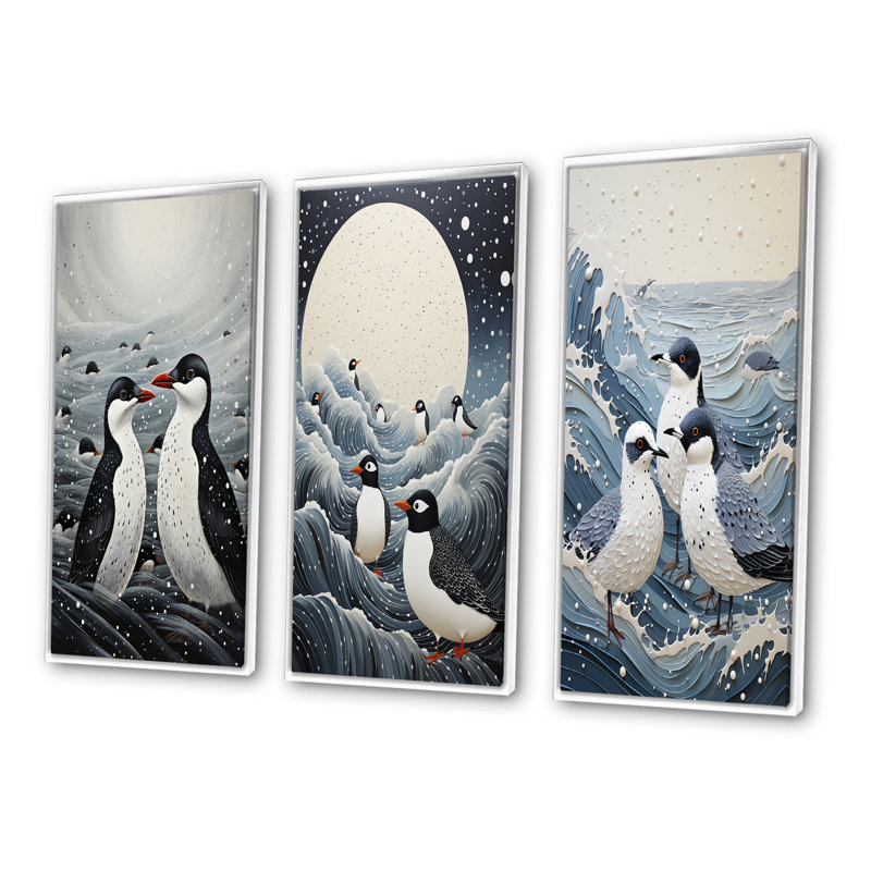 «Beach Seagulls Haven Pointillism», 3 pièces sur toile, H 28 po x l 36 po, Cadre blanc