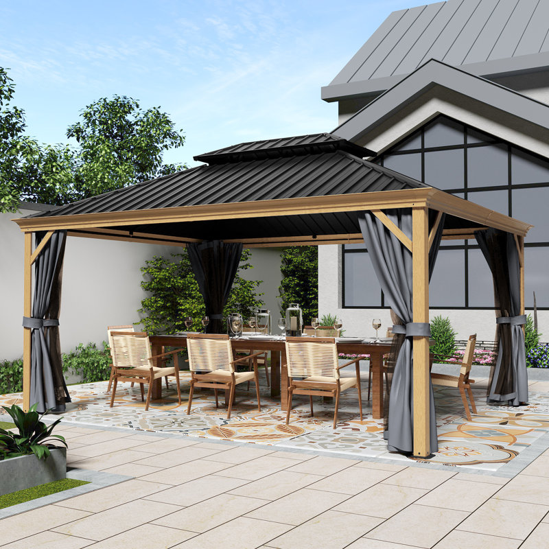 Aluminum Patio Gazebo, Black, 12' W x 16' D, Wood Grain