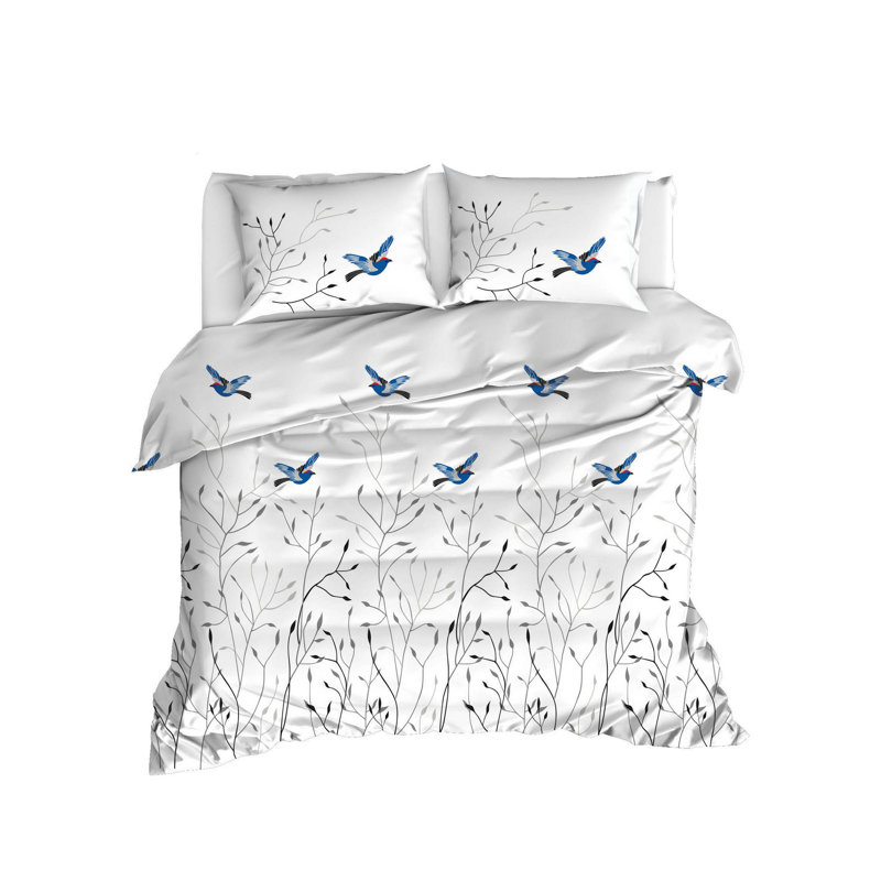 Ensemble de housse de couette en mélange de coton blanc / bleu Prochoros, Housse de couette double + 2 taies d'oreiller stan