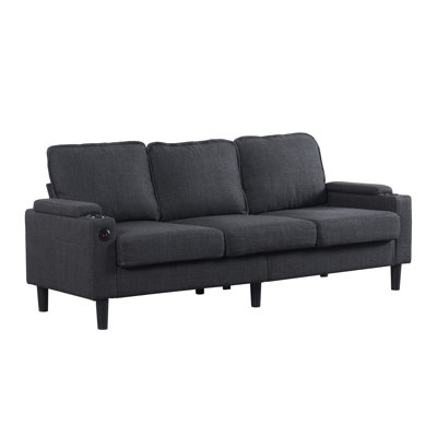 Canapé modulaire gris foncé avec rangement. 3, revêtu de lin. Cadre en bois, accoudoirs carrés. Hublot, porte-gobelets, accoudoir et repose-pieds, siège mi-moelleux. American Design. Rangement robuste pour chambre à coucher. 3