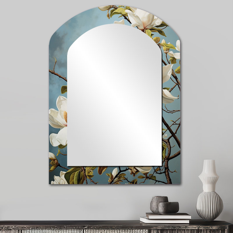 Blanc blanc jaune Magnolias Magnolia Harmony - grand miroir en arc Magnolias, décor de miroir mural asymétrique traditionnel, art en métal imprimé