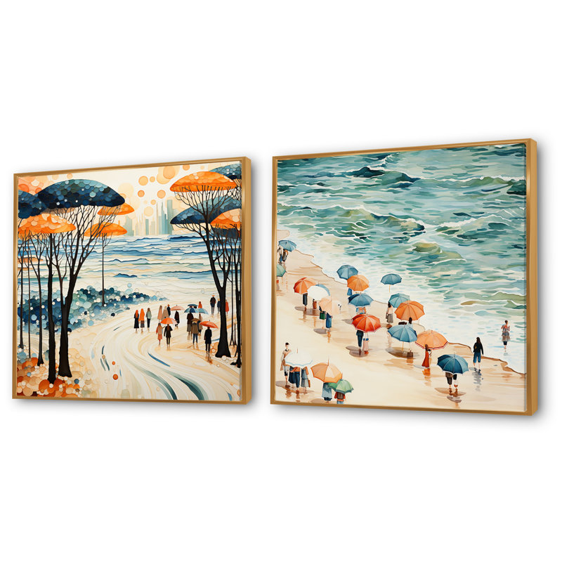 Beach Day Umbrella Parade I - Beach People, ensemble de 2 reproductions d'art mural, Cadre flottant doré