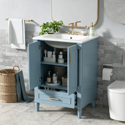 Meuble-lavabo moderne de 24 po avec motif orné et charnières à fermeture en douceur, armoire de salle de bain avec tiroir et structure ouverte au dos, pieds cylindriques français sculptés