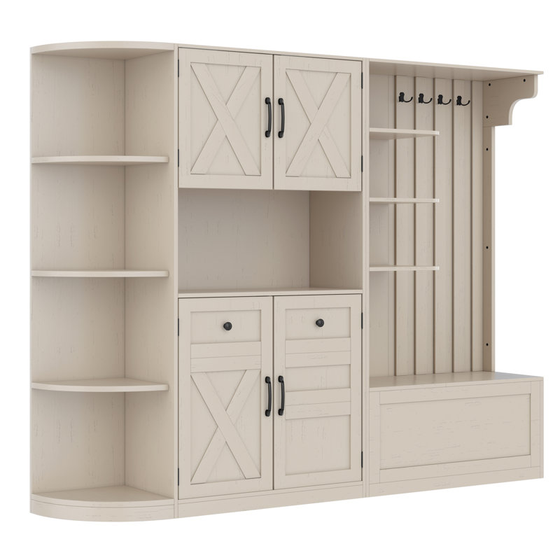 Multifunctional Left-Right Combination Hall Cabinet (Can Be Used Separately) With Storage And 4 Hooks, Storage Cabinet/ Hall Tree 2 In 1 For Living Room, Kitchen And Hallway