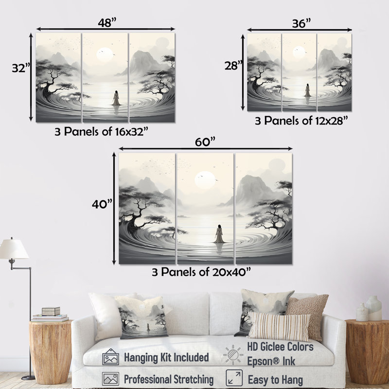 Jardin zen - ensemble d'art mural bouddhisme, Toile tendue, H 32 po x l 48 po x P 1 po