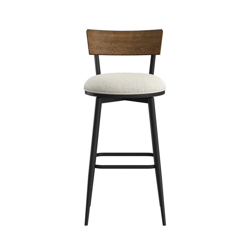 Metal Swivel Adjustable Height Stool, Black Metal And Oak Wood Panel With Oatmeal Fabric