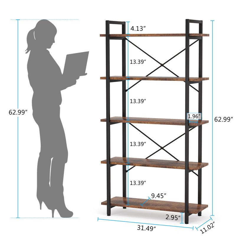 31.49" W 5-Tier Metal Frame Etagere Bookcase, Rustic Brown
